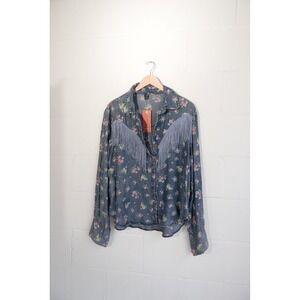 SHEIN Button Down Shirt Women X-Large Blue Floral Fringe Western Denim Top